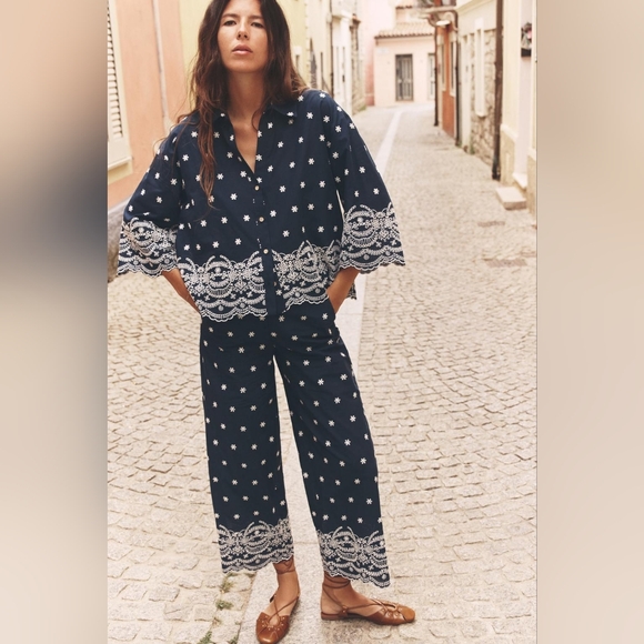 Zara Tops - ZARA 2 PIECES EMBROIDERED SHIRT WITH EMBROIDERED CULOTTES SIZE XS